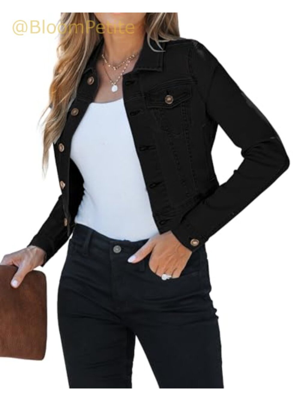 Cropped Jean Jacket Fitted Stretchy Denim Shacket Button Up Pockets